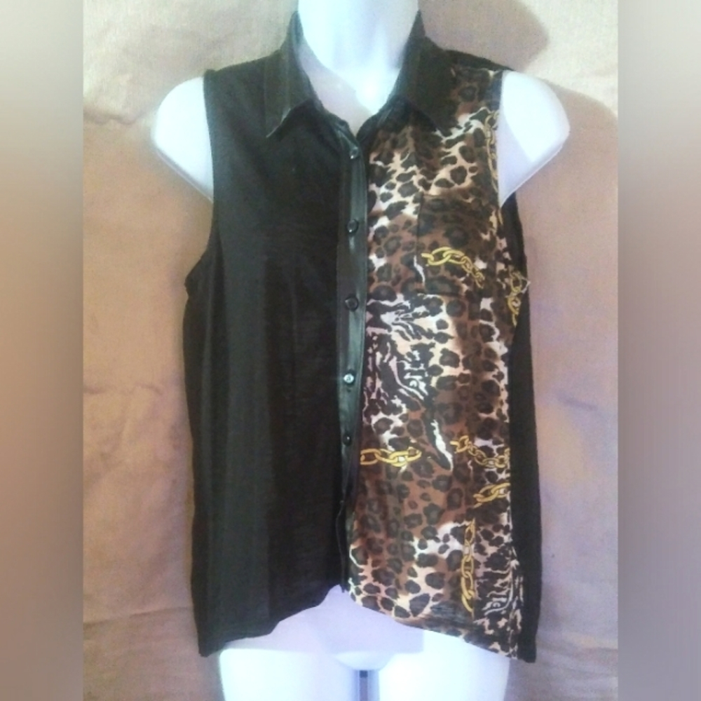 "Derek Heart 💜" Sheer Sleeveless Half Black/Half Leopard Top